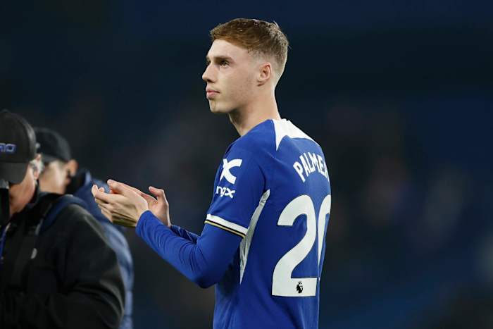 Cole Palmer pictured applauding the fans at Stamford Bridge after Chelsea beat Newcastle United 3-2 in the Premier League in March 2024